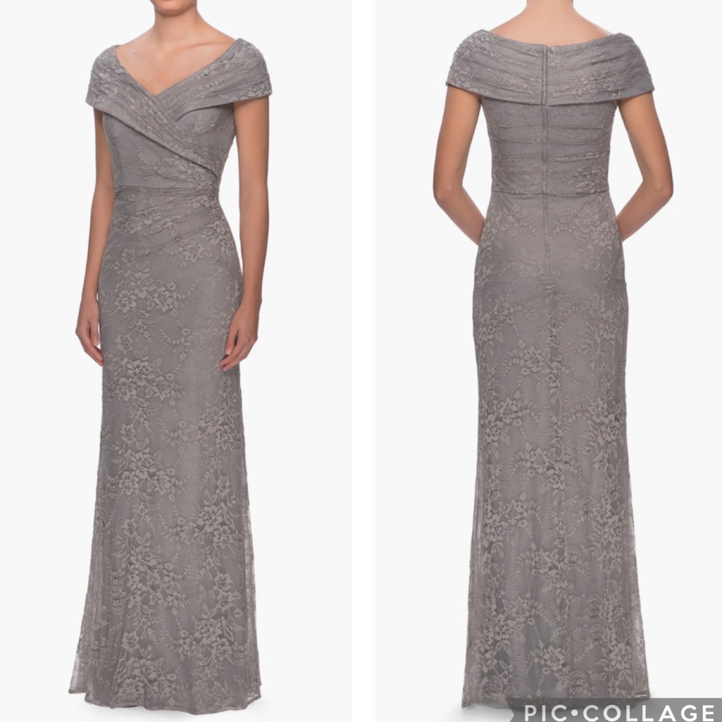 La Femme 27982 Portrait Neck Lace Gown Platinum 4